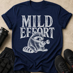 Navy t-shirt with vintage raccoon lifting dumbbell graphic and text "MILD EFFORT".
