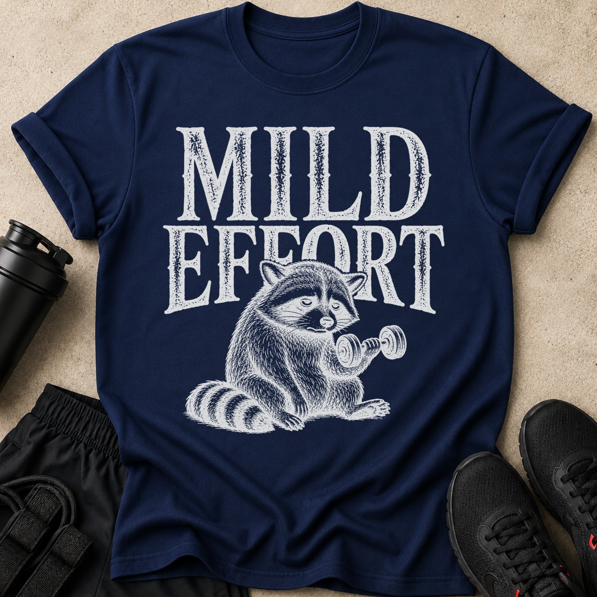 Navy t-shirt with vintage raccoon lifting dumbbell graphic and text "MILD EFFORT".
