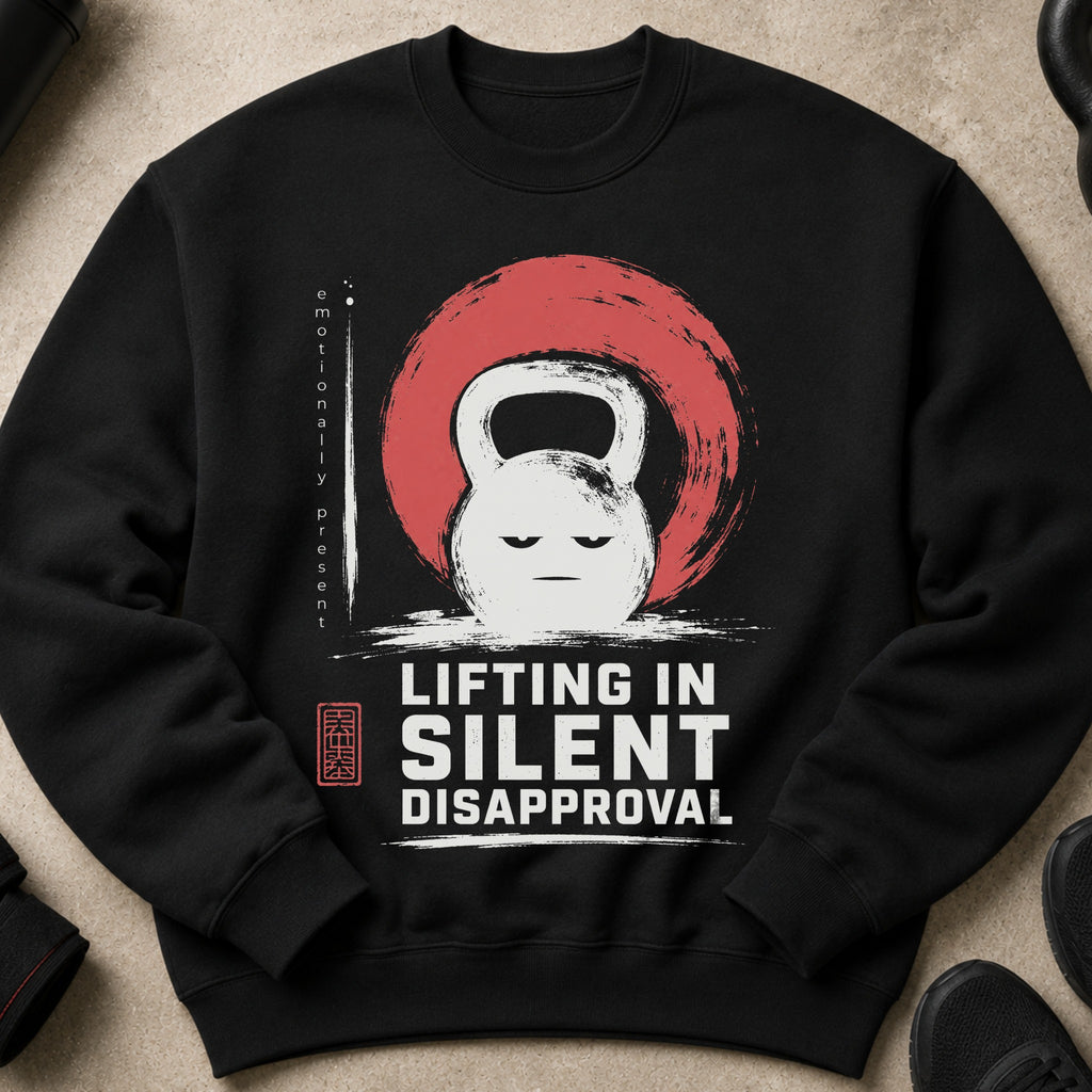 Black sweatshirt with a grumpy kettlebell graphic and text that reads "Lifting in Silent Disapproval".