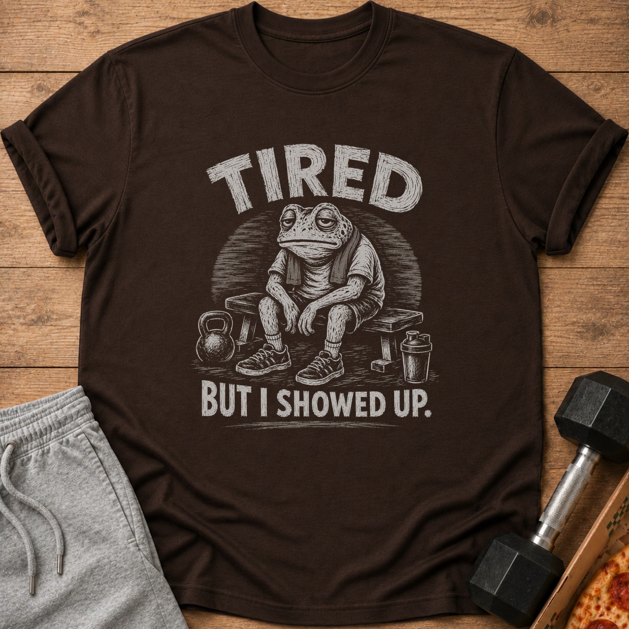 T-shirt with tired frog graphic and text "TIRED BUT I SHOWED UP."