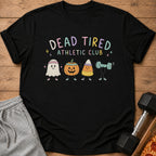 Black t-shirt with "Dead Tired Athletic Club" text and Halloween characters.