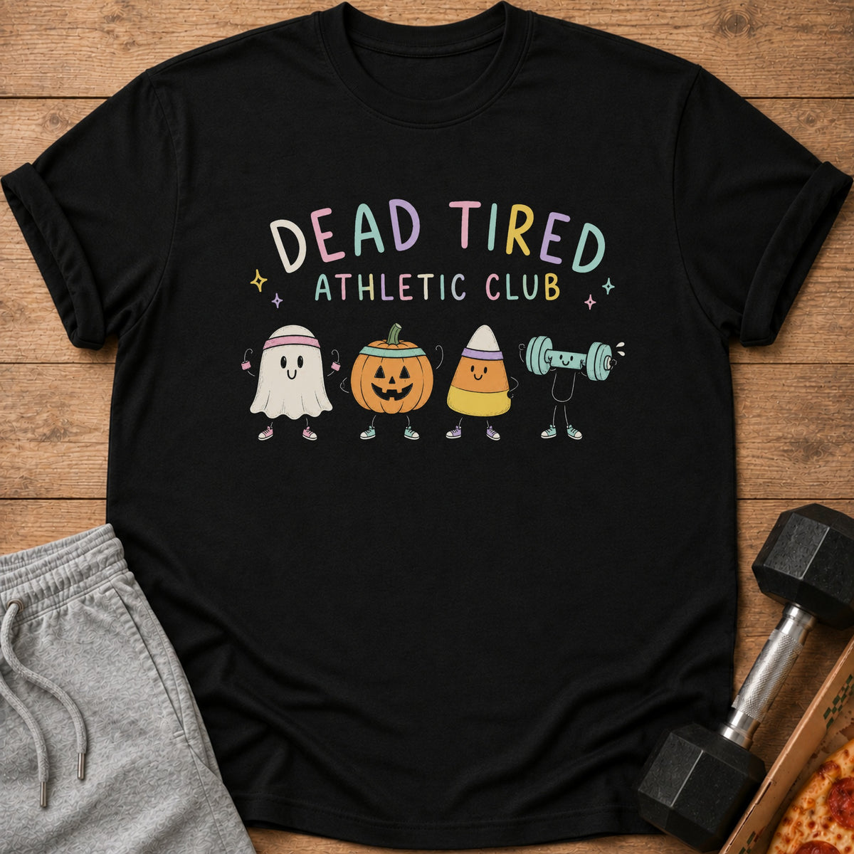 Black t-shirt with "Dead Tired Athletic Club" text and Halloween characters.