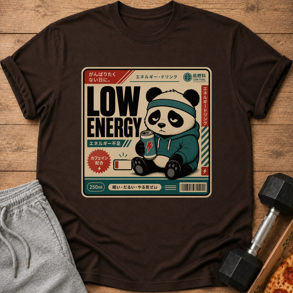Brown t-shirt with a "Low Energy" design featuring a sad panda holding a drink can.