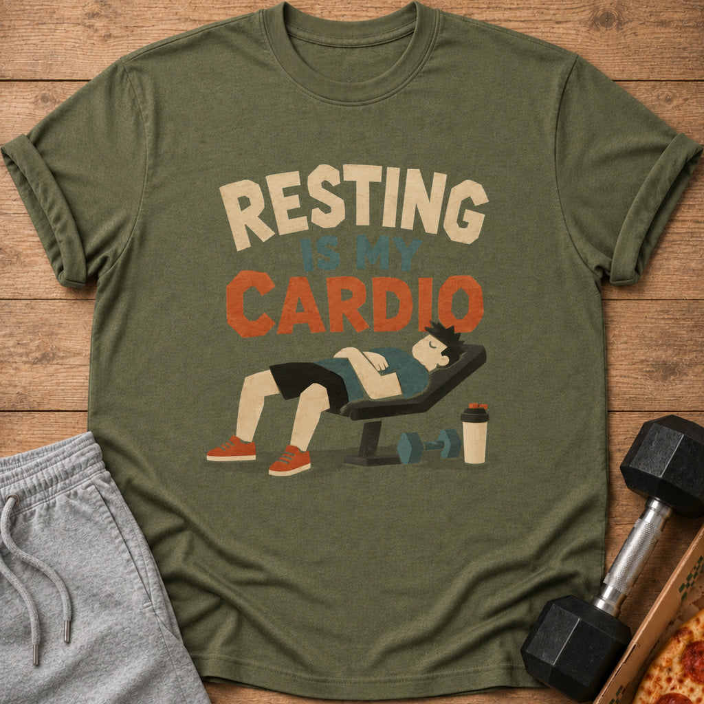 Olive t-shirt with "Resting is My Cardio" text and sleeping man graphic.