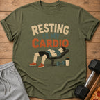 Olive t-shirt with "Resting is My Cardio" text and sleeping man graphic.