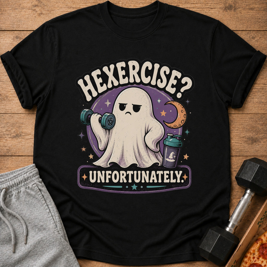 Black t-shirt with ghost lifting dumbbell and text "Hexercise? Unfortunately."