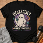 Black t-shirt with ghost lifting dumbbell and text "Hexercise? Unfortunately."