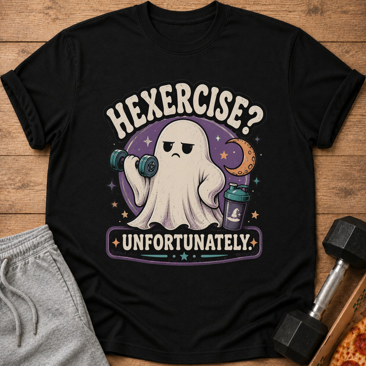 Black t-shirt with ghost lifting dumbbell and text "Hexercise? Unfortunately."