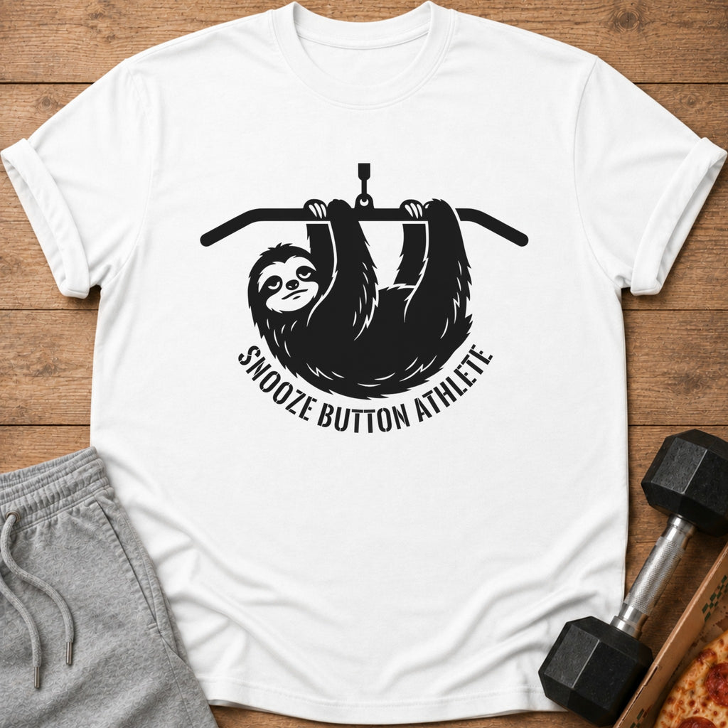 White t-shirt with a black graphic of a sloth hanging from a pull-up bar and text.
