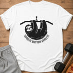 White t-shirt with a black graphic of a sloth hanging from a pull-up bar and text.