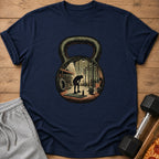 Navy t-shirt with kettlebell graphic of gym and tired person.