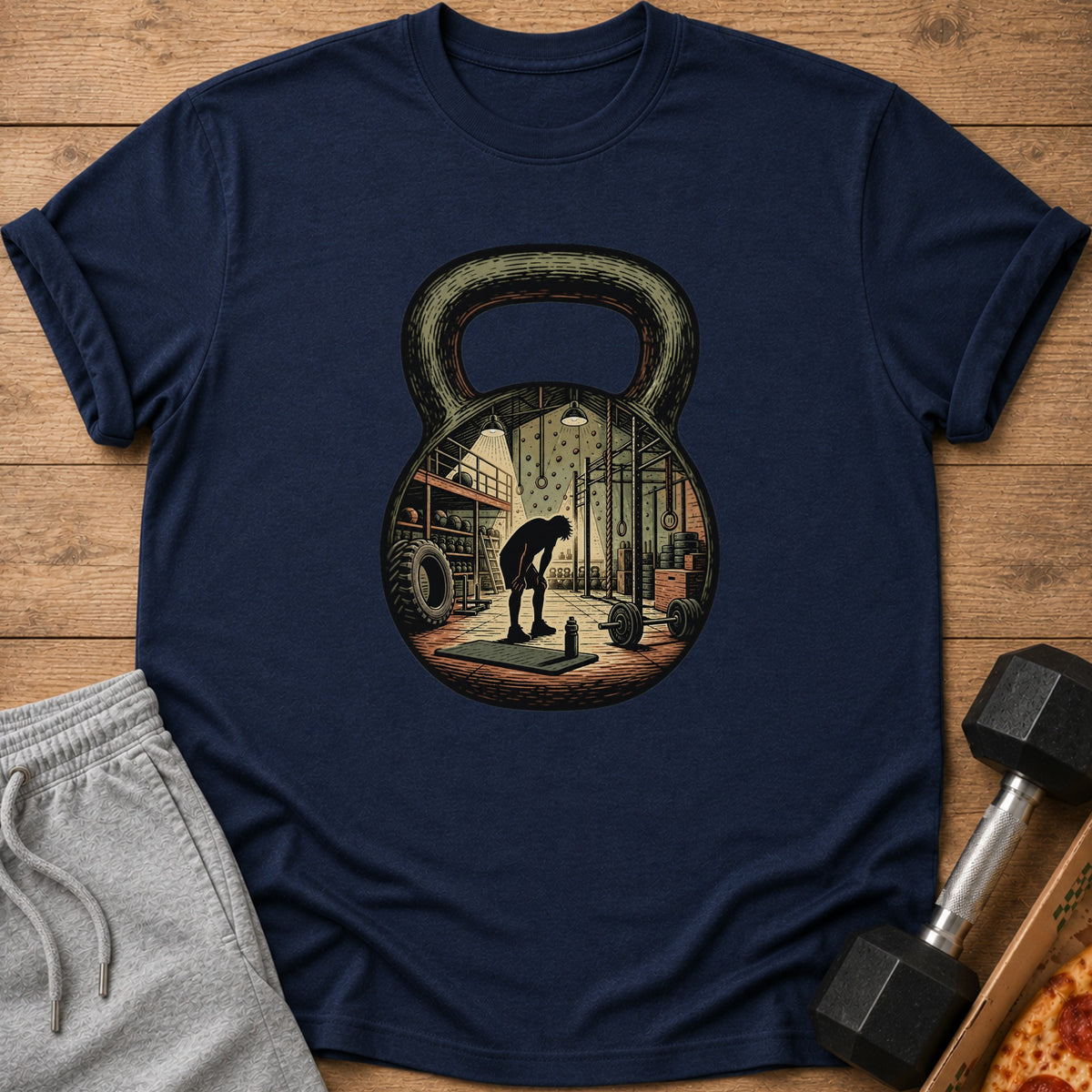 Navy t-shirt with kettlebell graphic of gym and tired person.