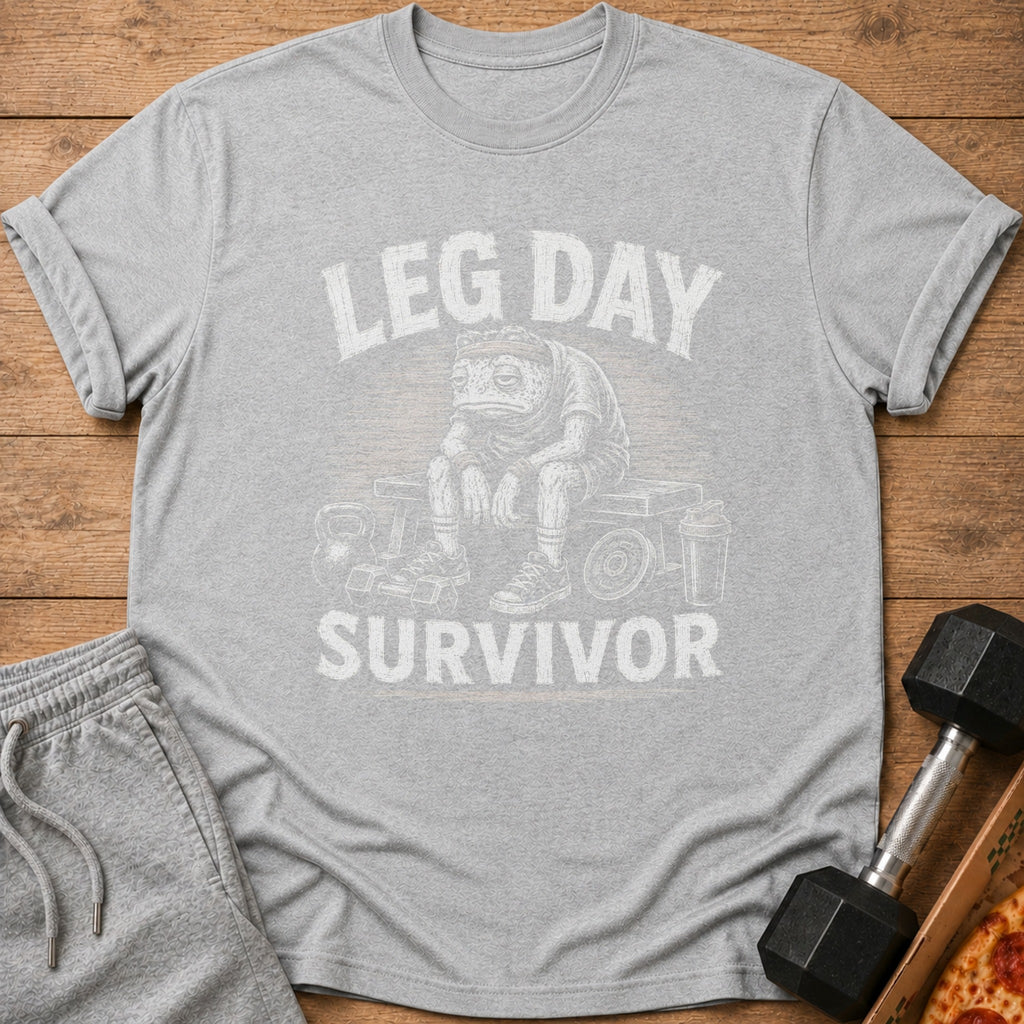 Grey t-shirt with text "LEG DAY SURVIVOR" and distressed frog graphic.