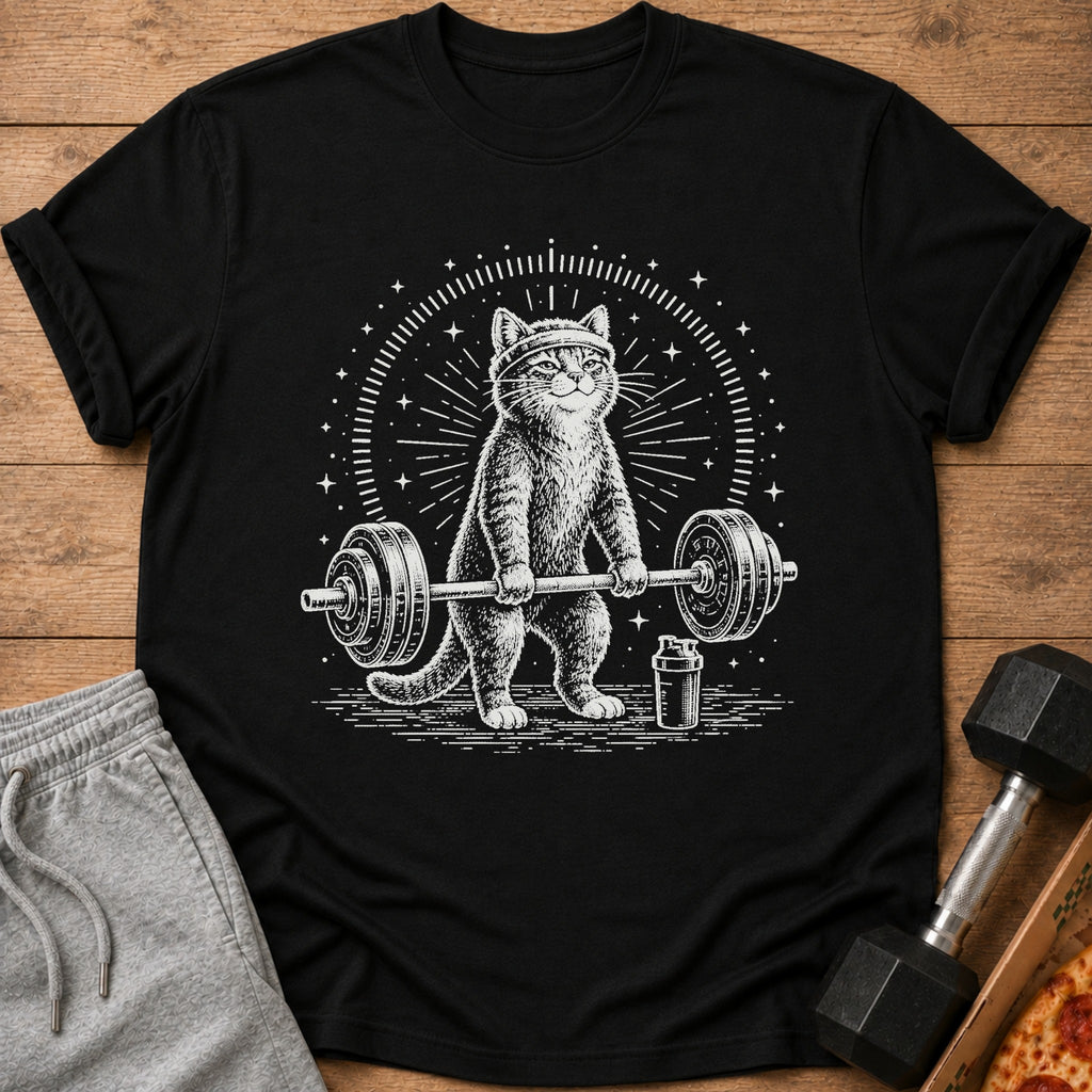 T-shirt with black cat lifting barbell and wearing headband.