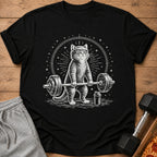 T-shirt with black cat lifting barbell and wearing headband.