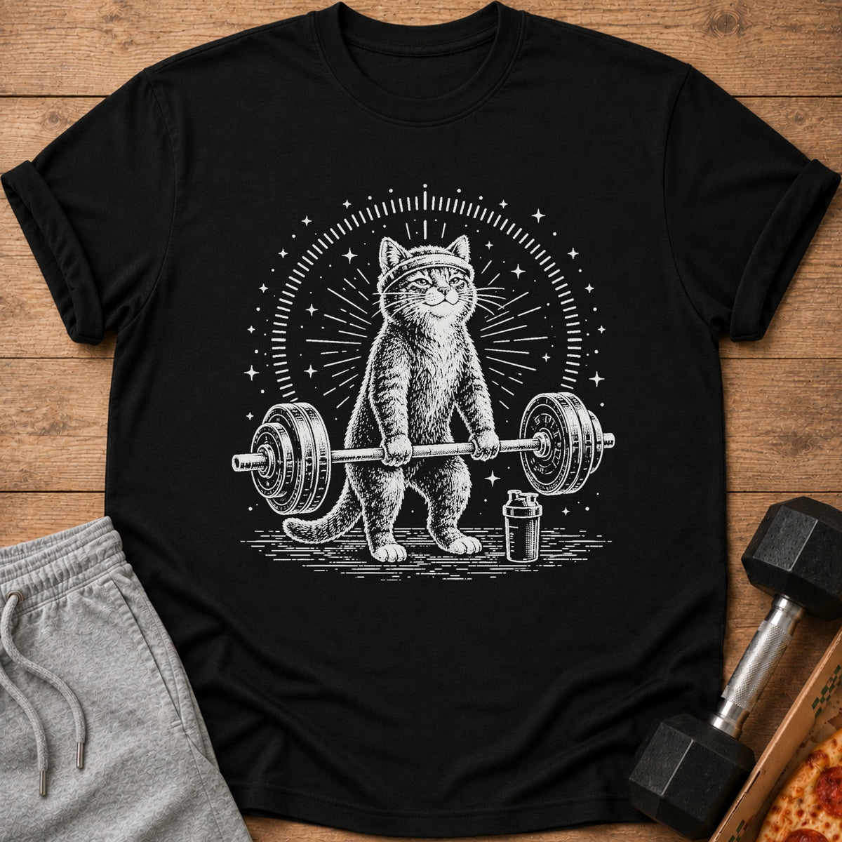 T-shirt with black cat lifting barbell and wearing headband.