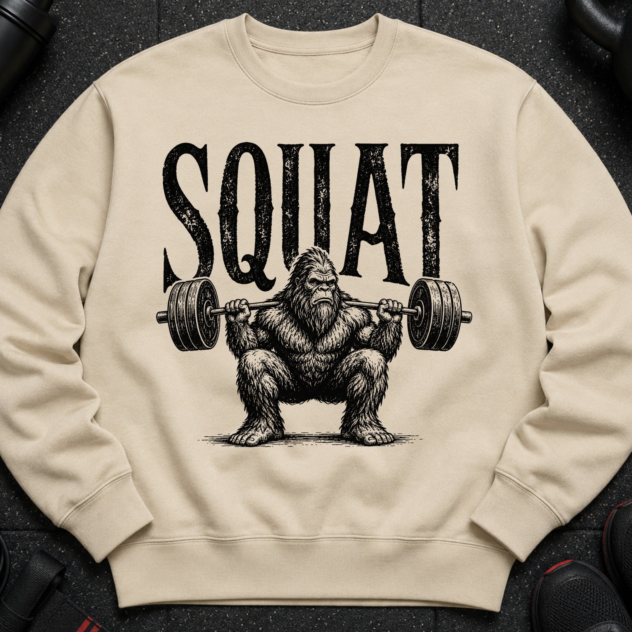 Lightweight sweatshirt with a Bigfoot character squatting with a barbell.