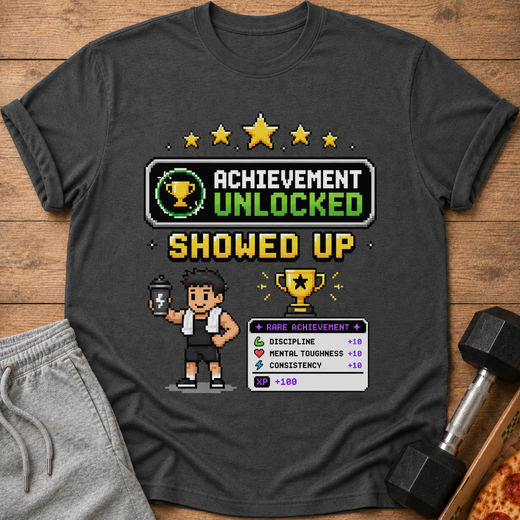 Pixel art graphic on t-shirt: "Achievement Unlocked Showed Up" with stats.
