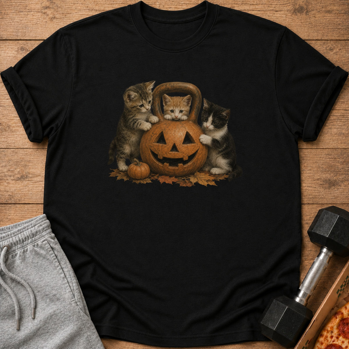 Three kittens surround a jack-o'-lantern, one peeking out of it.
