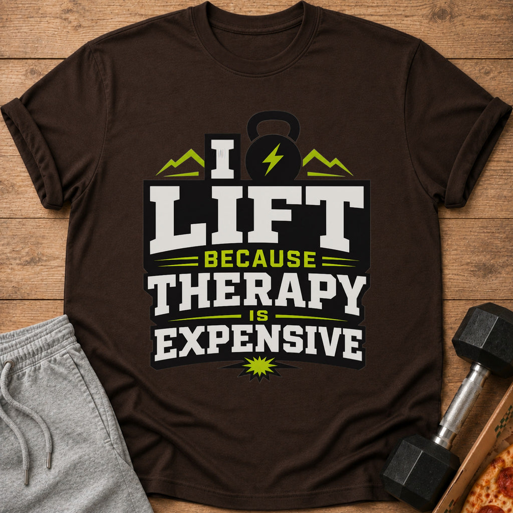 Brown t-shirt with "I Lift Because Therapy Is Expensive" graphic.