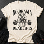Cream t-shirt with "No Drama Just Deadlifts" text and a muscular bull lifting a barbell.