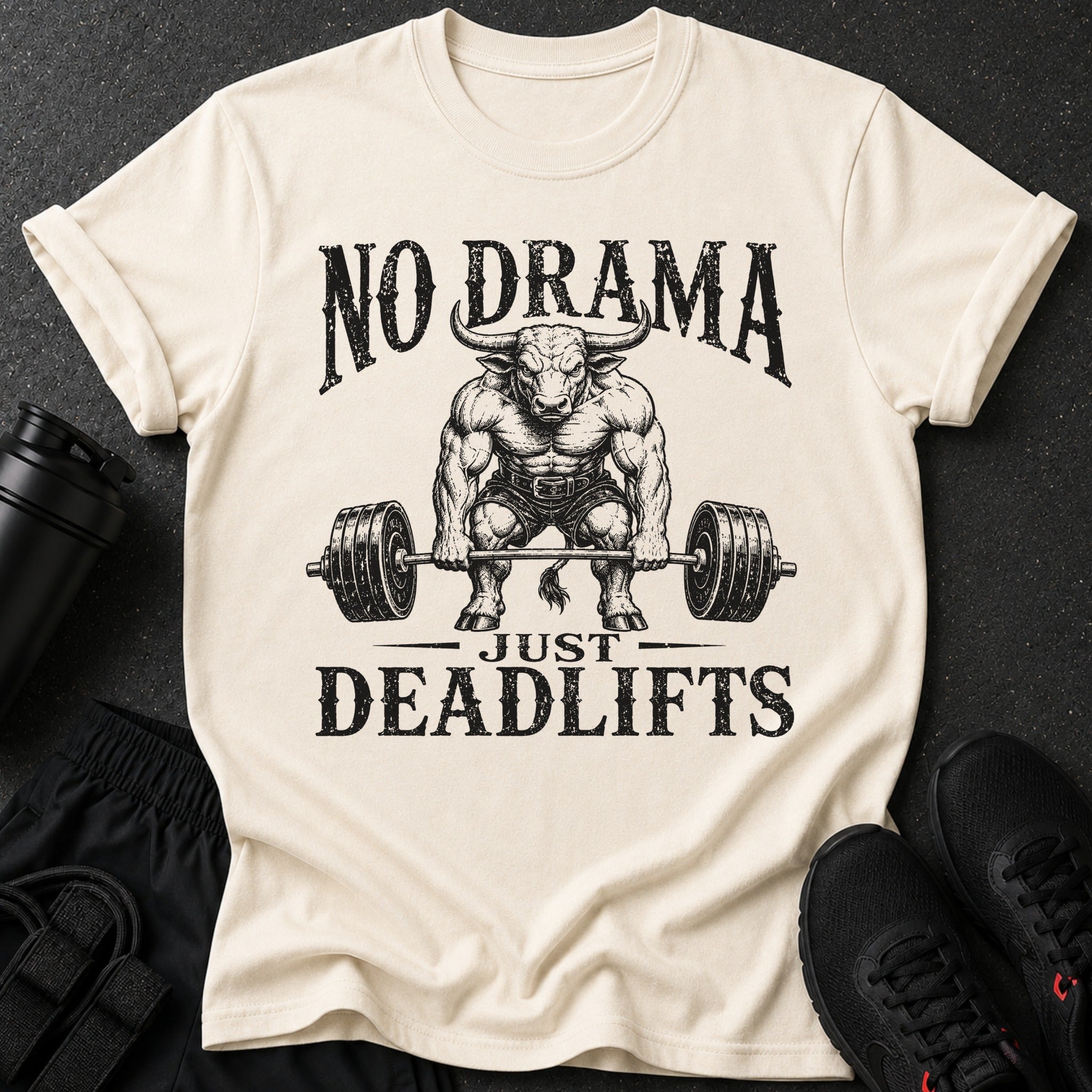 Cream t-shirt with "No Drama Just Deadlifts" text and a muscular bull lifting a barbell.