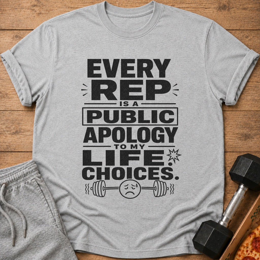 A grey t-shirt featuring the black text, EVERY REP IS A PUBLIC APOLOGY TO MY LIFE CHOICES.