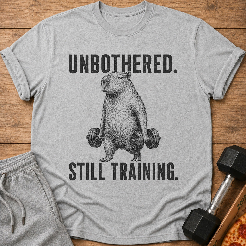 Gray t-shirt with a capybara lifting dumbbells and text "UNBOTHERED. STILL TRAINING."