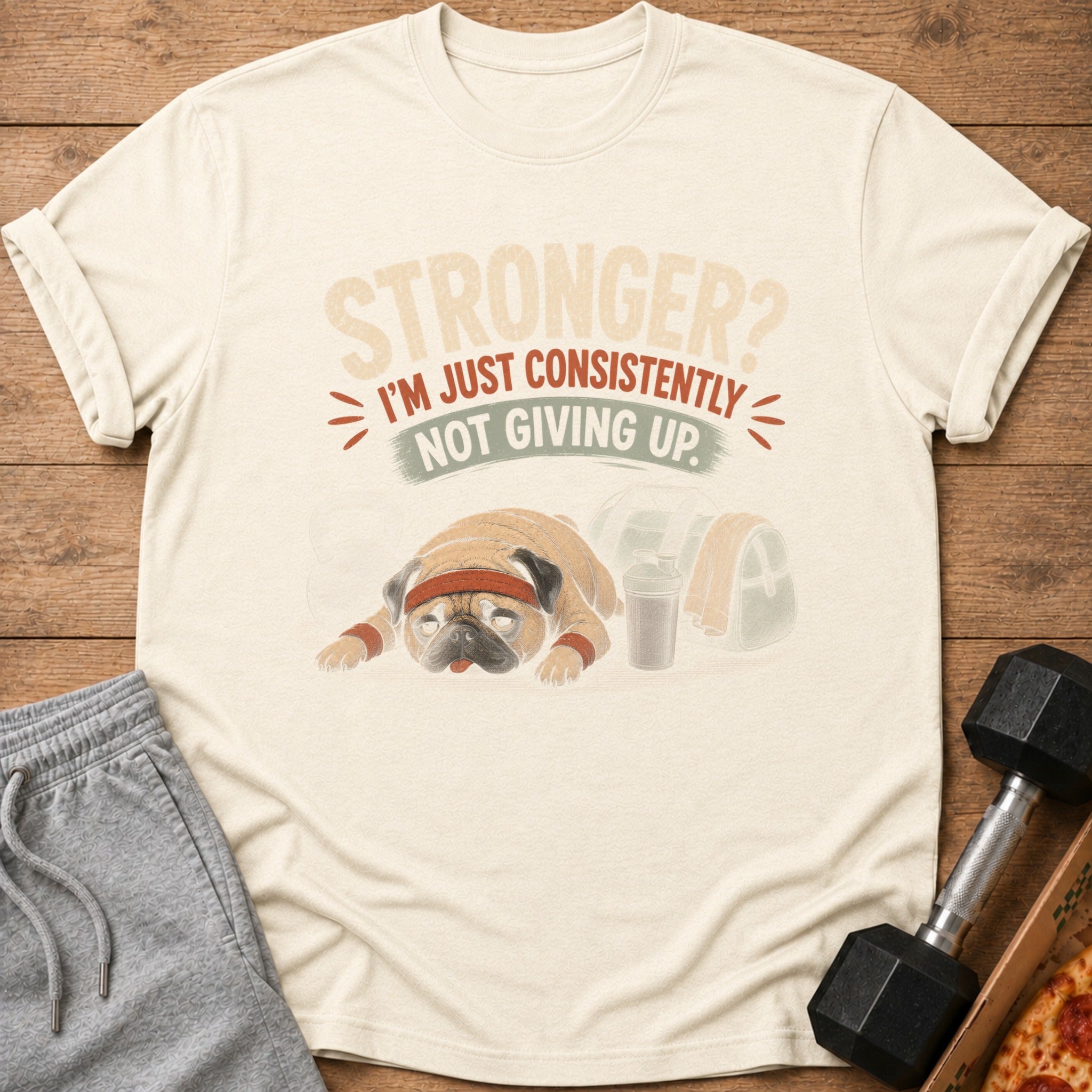 T-shirt with a tired pug wearing a headband and wristbands with text.