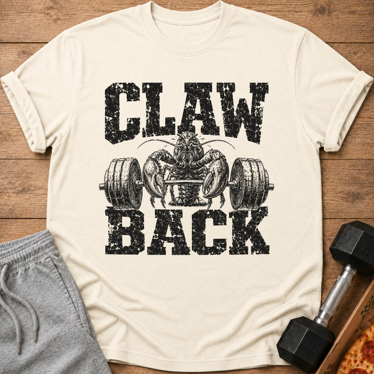 Cream t-shirt with black text "CLAW BACK" and a lobster lifting weights.