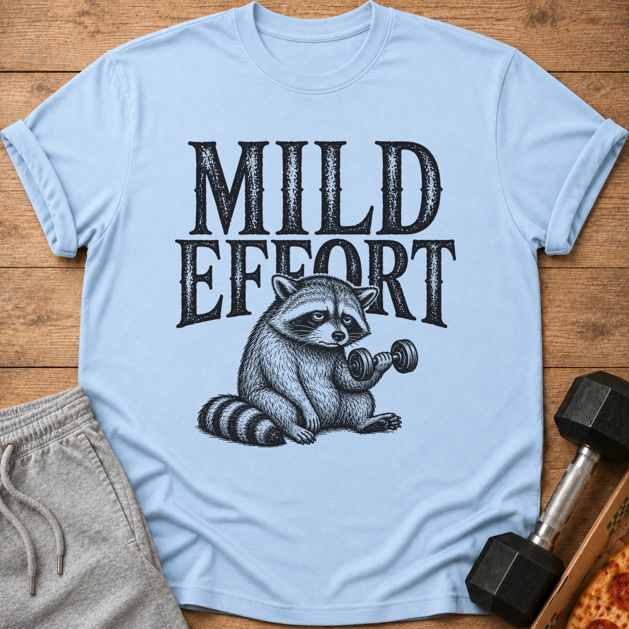 Light blue t-shirt with "MILD EFFORT" text and raccoon lifting dumbbell graphic.