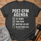 Dark t-shirt with "Post-Gym Agenda" and a checklist.