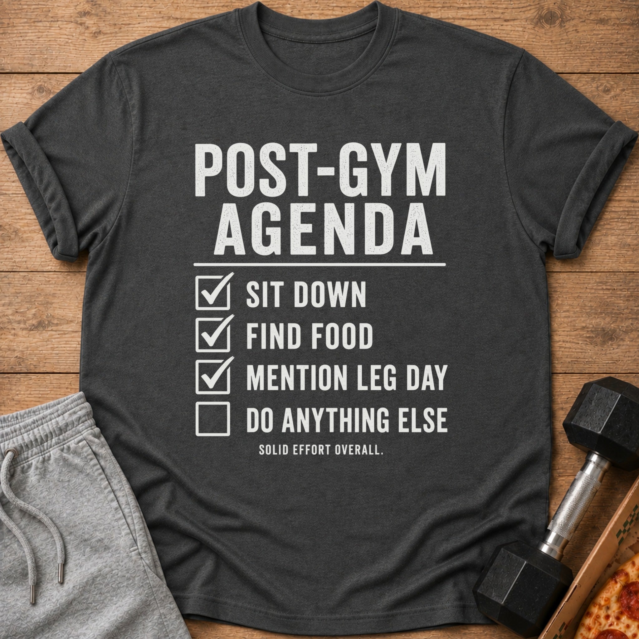 Dark t-shirt with "Post-Gym Agenda" and a checklist.