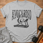 Gray t-shirt with "AVOCARDIO" text and an avocado running on a treadmill.