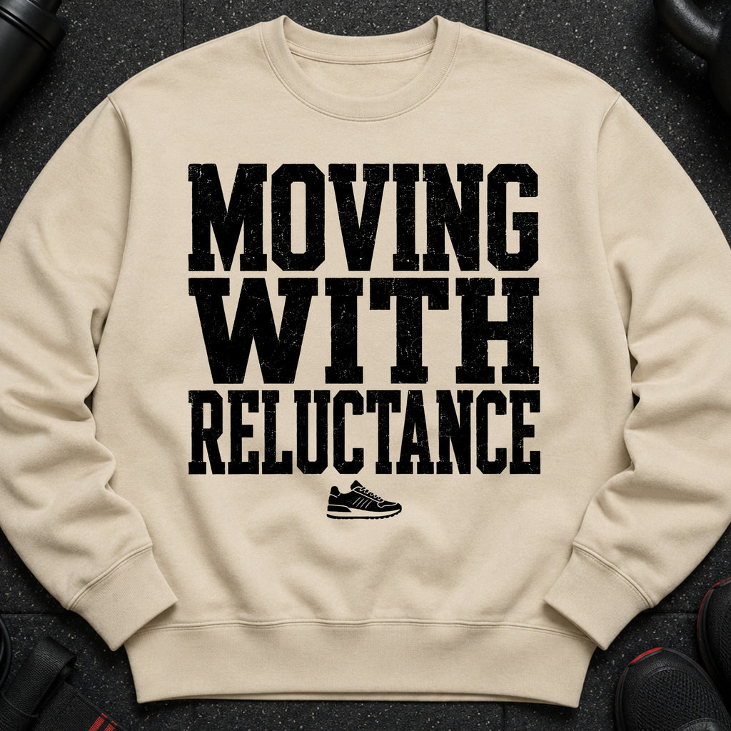 Light beige sweatshirt with black distressed text and a sneaker graphic.