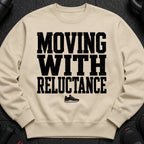 Light beige sweatshirt with black distressed text and a sneaker graphic.