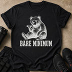Black t-shirt with distressed graphic of a bear lifting a dumbbell, text BARE MINIMUM.