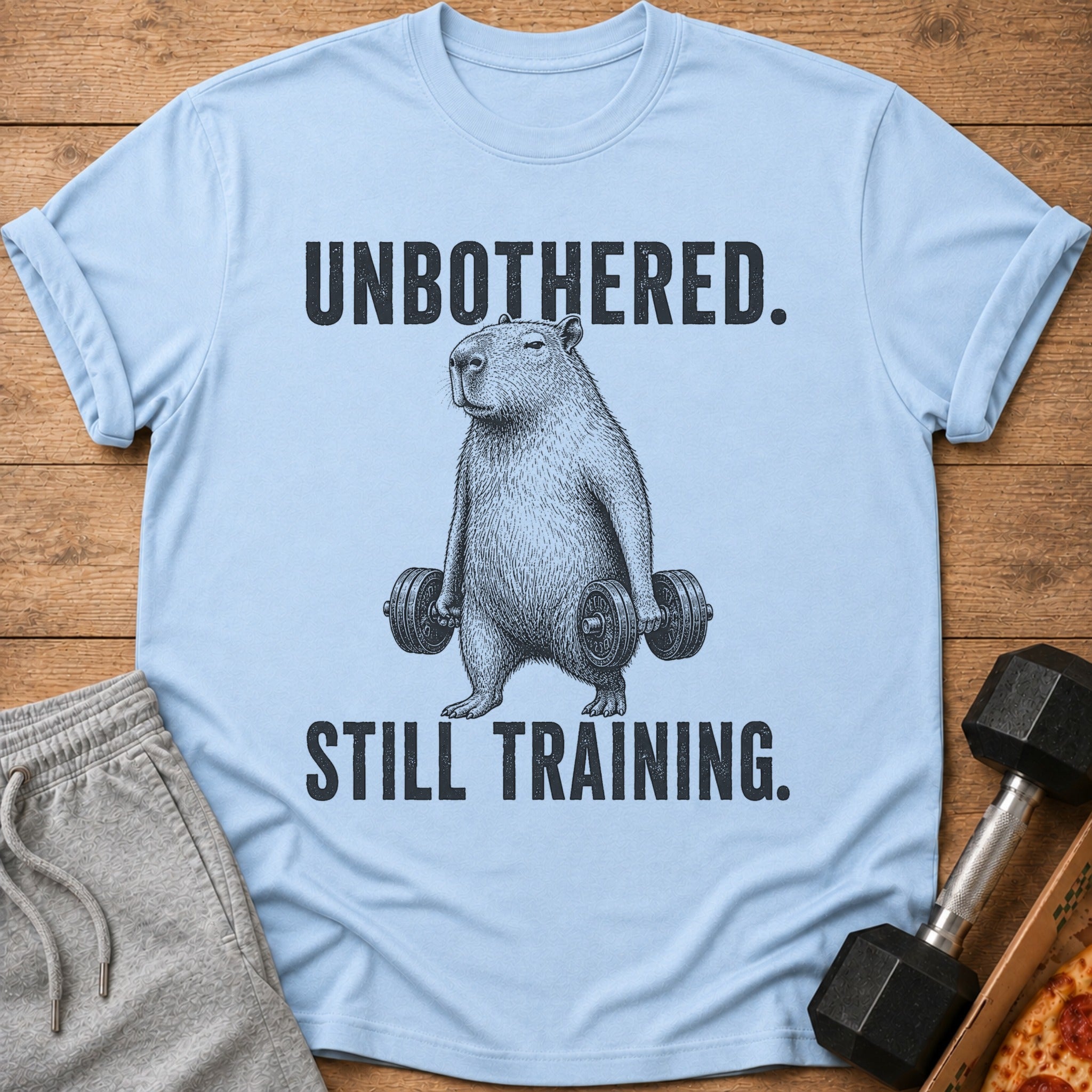 Light blue t-shirt with black text "UNBOTHERED. STILL TRAINING." and capybara lifting weights graphic.