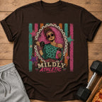 Brown t-shirt featuring retro graphic of a woman with a dumbbell and shaker bottle, text "MILDLY ATHLETIC".