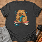 Cartoon capybara holding water bottle on workout bench with dumbbell and pizza nearby.