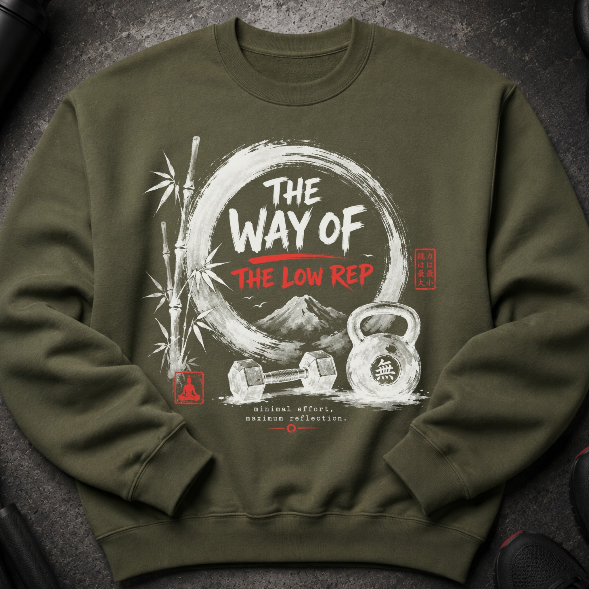 Green sweatshirt with "The Way of The Low Rep" graphic featuring dumbbells and kettlebell.