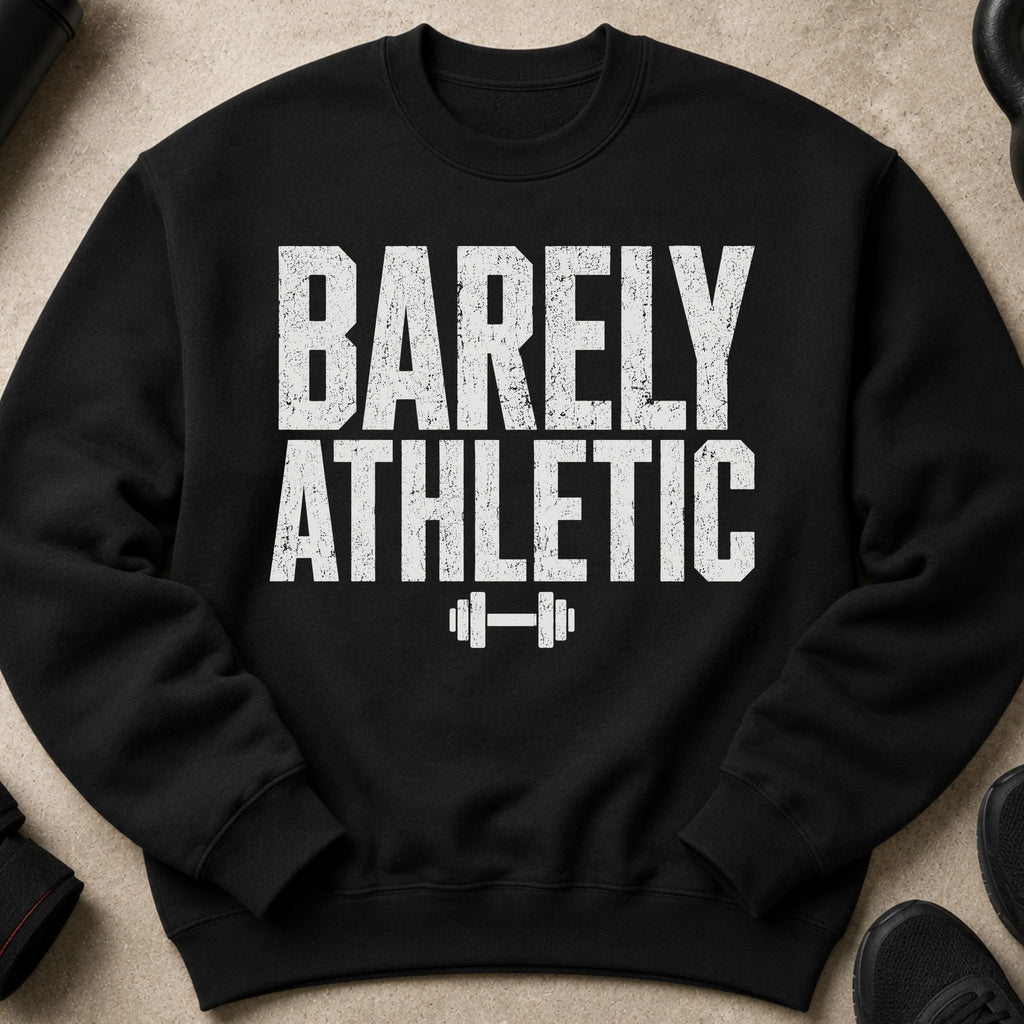 Black sweatshirt with distressed "Barely Athletic" text and dumbbell graphic.