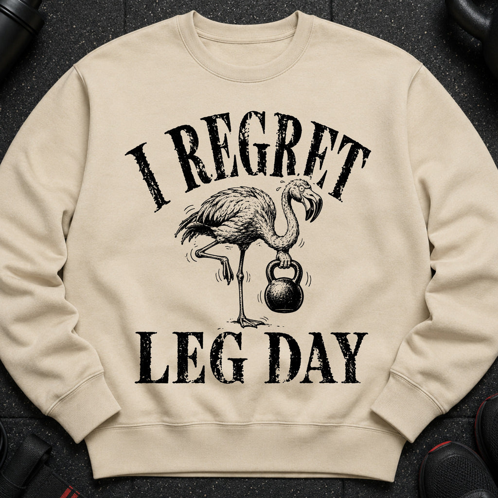 Crewneck sweatshirt with a flamingo holding a kettlebell and text reading "I regret leg day."