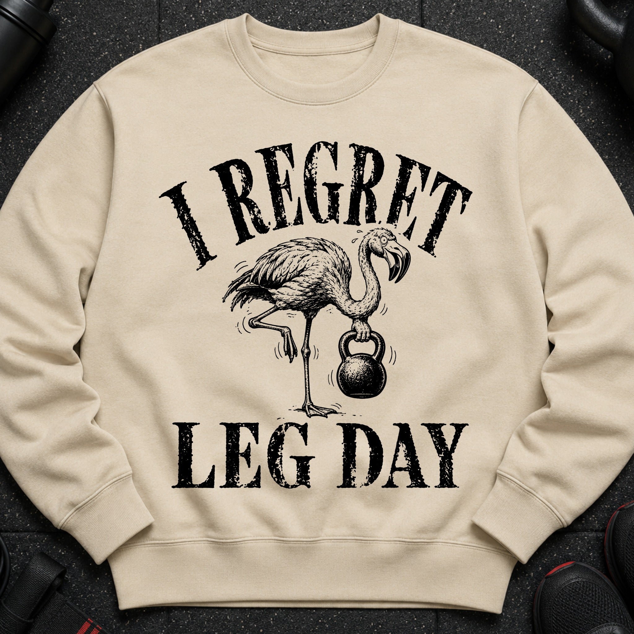 Crewneck sweatshirt with a flamingo holding a kettlebell and text reading "I regret leg day."