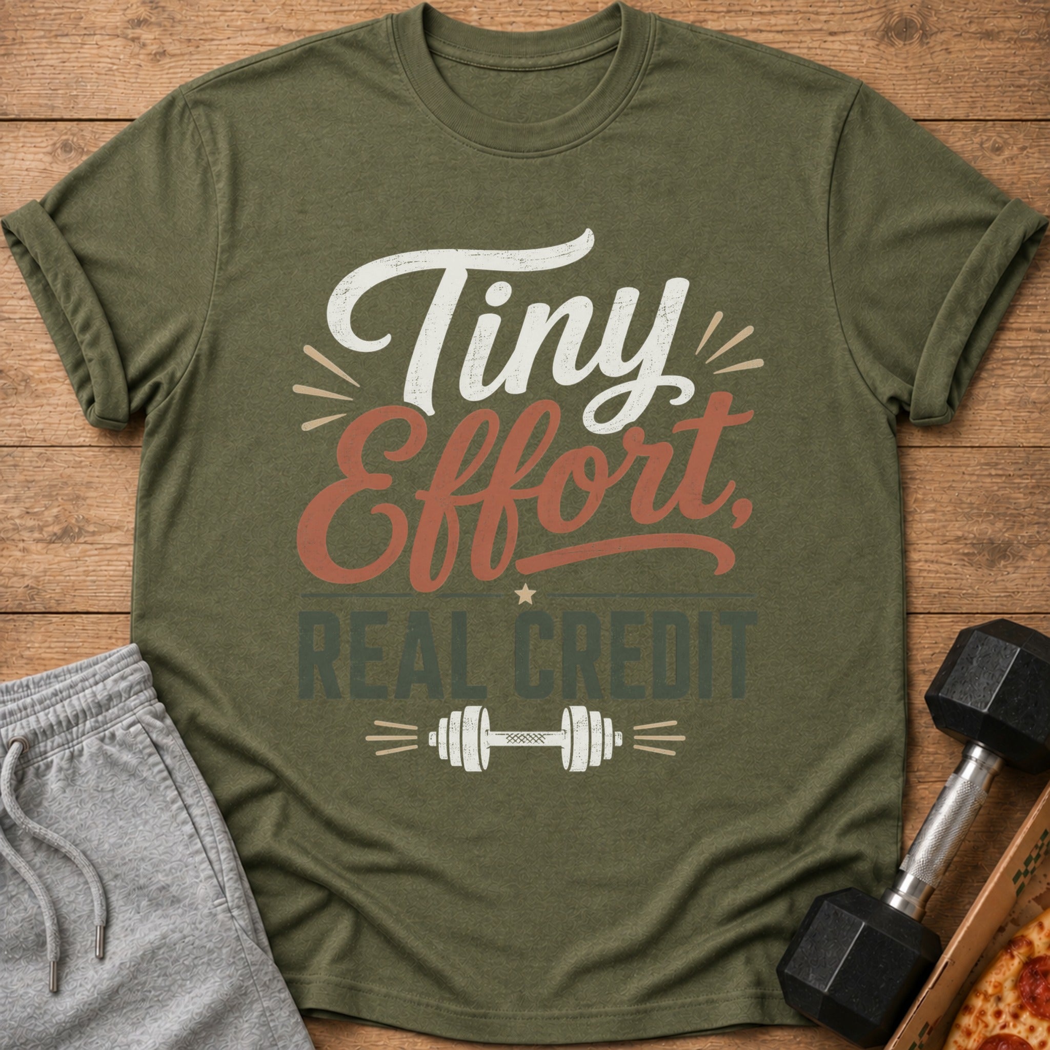 Green t-shirt with "Tiny Effort, Real Credit" text and dumbbell graphic.