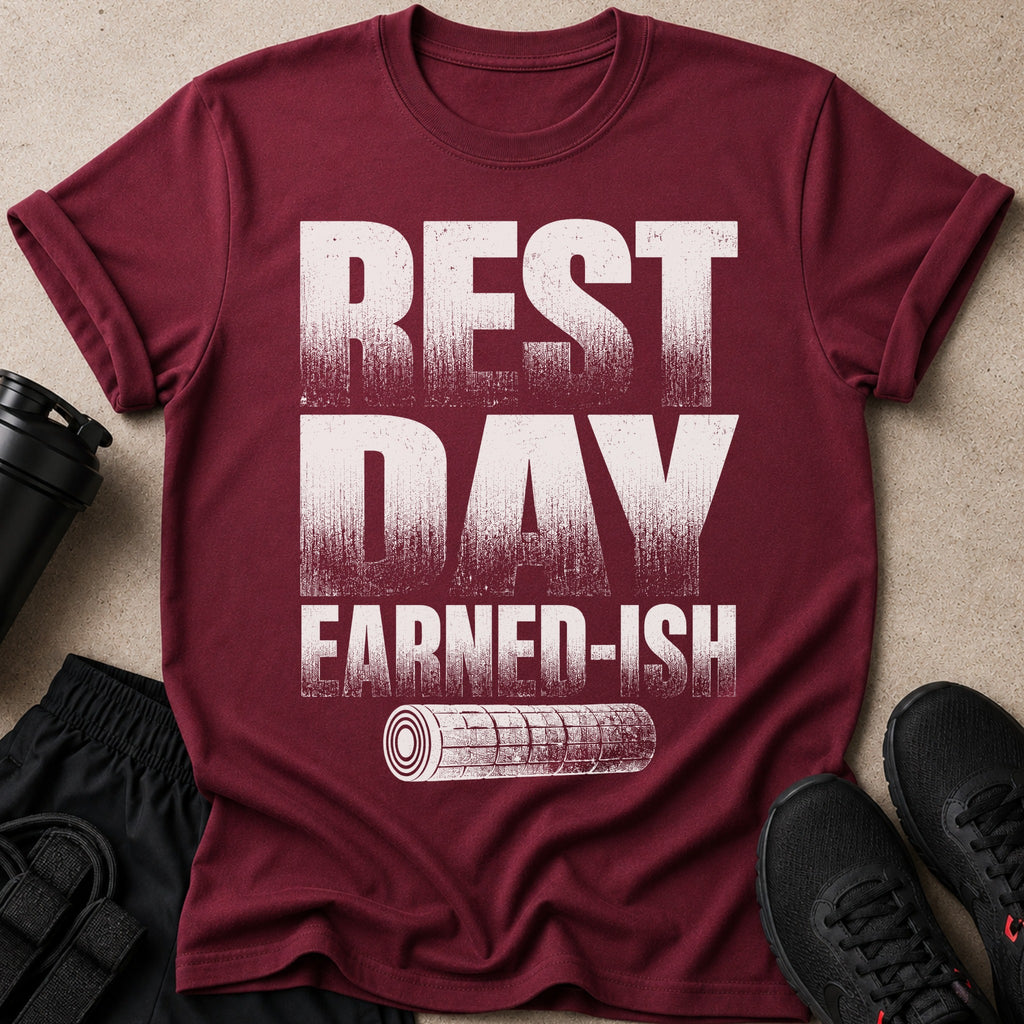 Maroon t-shirt with white distressed text "REST DAY EARNED-ISH" and a foam roller icon.