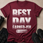 Maroon t-shirt with white distressed text "REST DAY EARNED-ISH" and a foam roller icon.