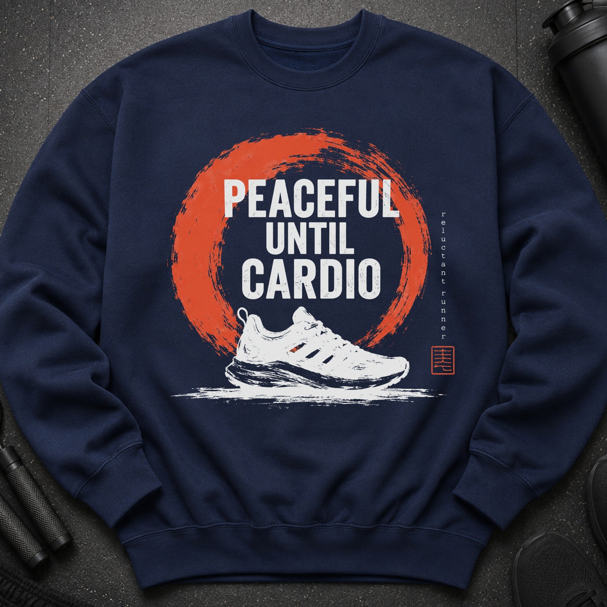 Navy sweatshirt with "Peaceful Until Cardio" text, a running shoe, and distressed circle.