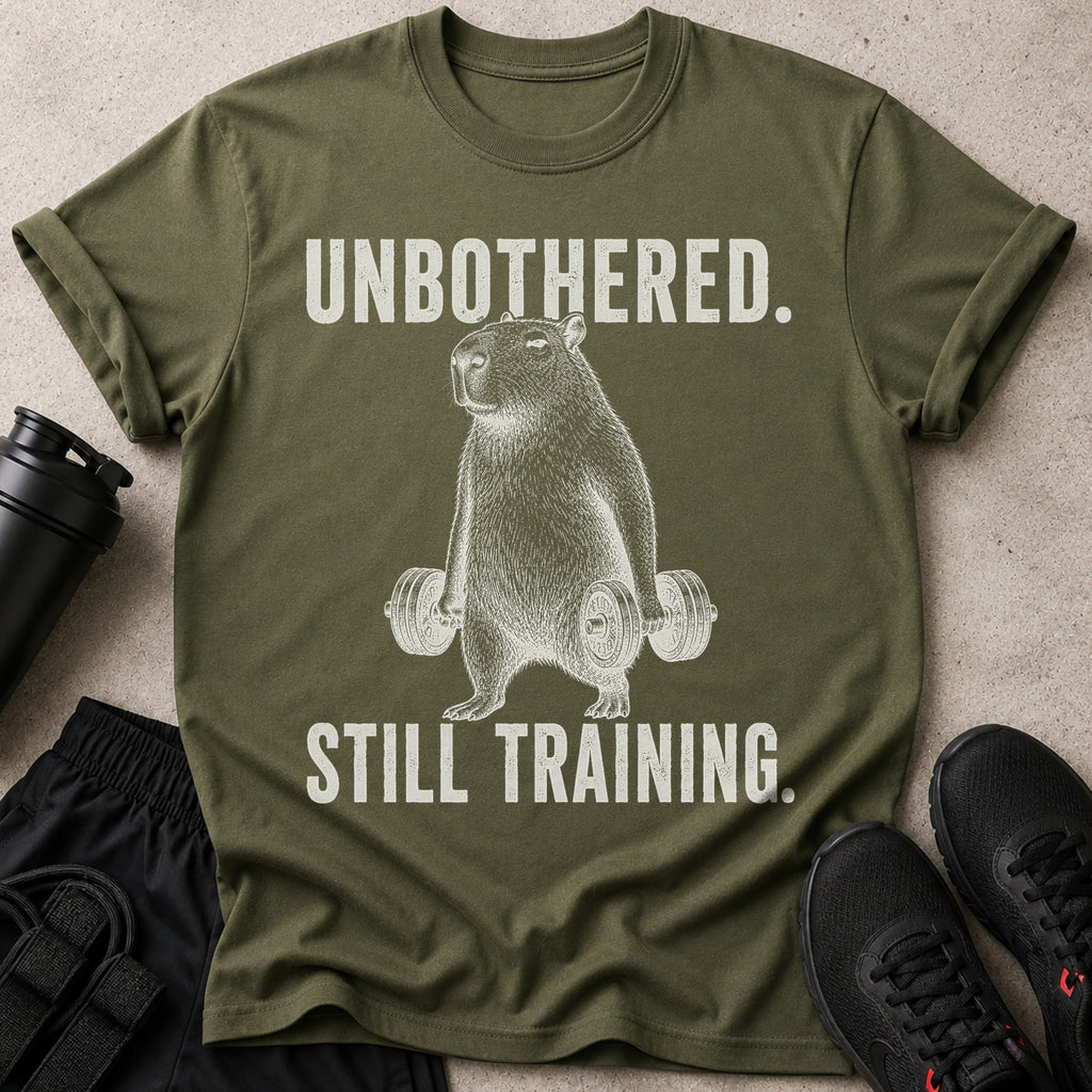 Green t-shirt with capybara holding dumbbells and text "UNBOTHERED. STILL TRAINING."