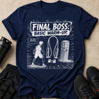 Navy t-shirt with anime-style graphic of a man facing a jump rope and weights.